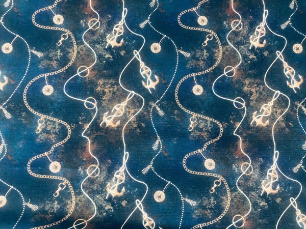 Navy Blue Marine Fabric for Curtains Upholstery Dressmaking - Nautical Gold Chains Copper Anchor Print 100% Cotton Material - 55"/140cm wide
