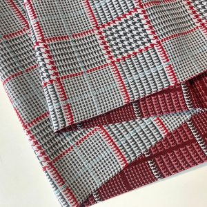 Royalty Gobelin Herringbone Squares Weave Fabric Material for Curtains Upholstery - 110"/280cm Wide - Red & Grey Geometric Patten