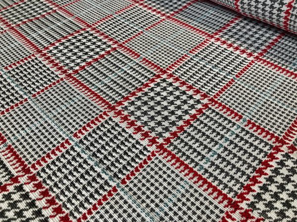 Royalty Gobelin Herringbone Squares Weave Fabric Material for Curtains Upholstery - 110"/280cm Wide - Red & Grey Geometric Patten - Image 3
