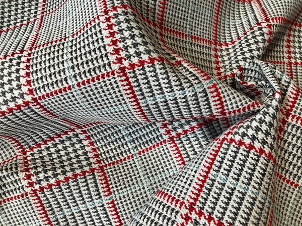Royalty Gobelin Herringbone Squares Weave Fabric Material for Curtains Upholstery - 110"/280cm Wide - Red & Grey Geometric Patten - Image 4