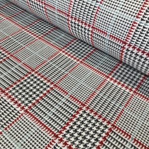 Royalty Gobelin Herringbone Squares Weave Fabric Material for Curtains Upholstery - 55"/140cm Wide - Red & Grey Geometric Patten