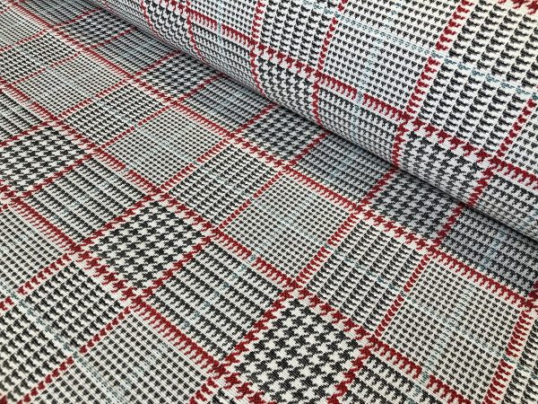 Royalty Gobelin Herringbone Squares Weave Fabric Material for Curtains Upholstery - 55"/140cm Wide - Red & Grey Geometric Patten