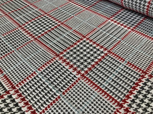 Royalty Gobelin Herringbone Squares Weave Fabric Material for Curtains Upholstery - 55"/140cm Wide - Red & Grey Geometric Patten - Image 2