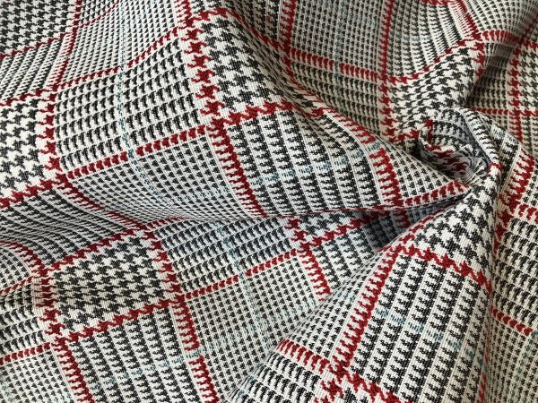 Royalty Gobelin Herringbone Squares Weave Fabric Material for Curtains Upholstery - 55"/140cm Wide - Red & Grey Geometric Patten - Image 4