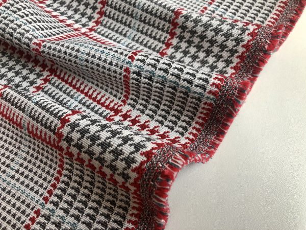 Royalty Gobelin Herringbone Squares Weave Fabric Material for Curtains Upholstery - 55"/140cm Wide - Red & Grey Geometric Patten - Image 7