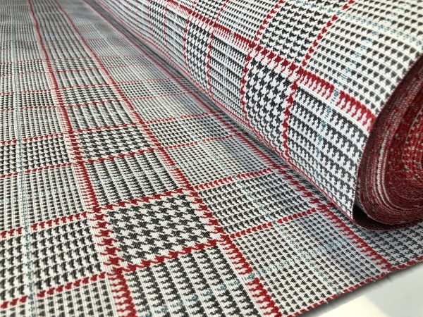 Royalty Gobelin Herringbone Squares Weave Fabric Material for Curtains Upholstery - 55"/140cm Wide - Red & Grey Geometric Patten - Image 9