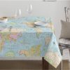 Teflon Waterproof World Map Tablecloth PU Coated Outdoor Fabric For Cushion, Gazebo, Tables, Beach - 55"/140cm Wide - Blue