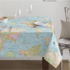 Teflon Waterproof World Map Tablecloth PU Coated Outdoor Fabric For Cushion, Gazebo, Tables, Beach - 55"/140cm Wide - Blue