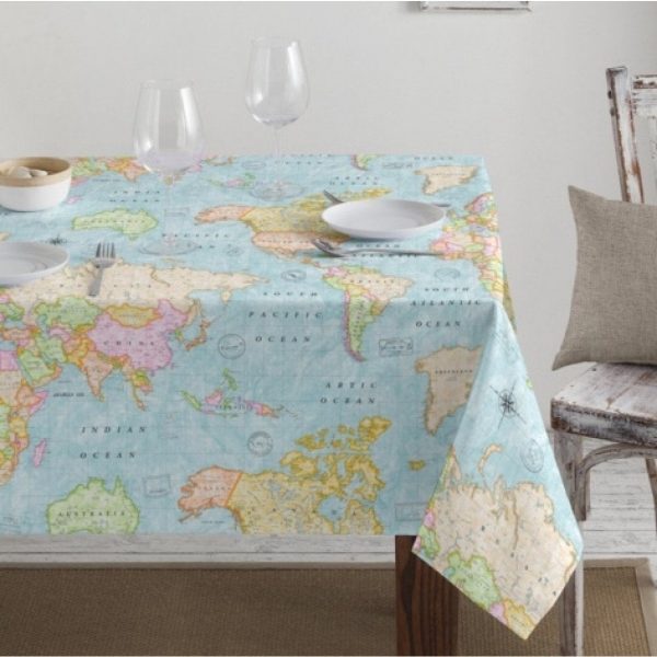 Teflon Waterproof World Map Tablecloth PU Coated Outdoor Fabric For Cushion, Gazebo, Tables, Beach - 55"/140cm Wide - Blue