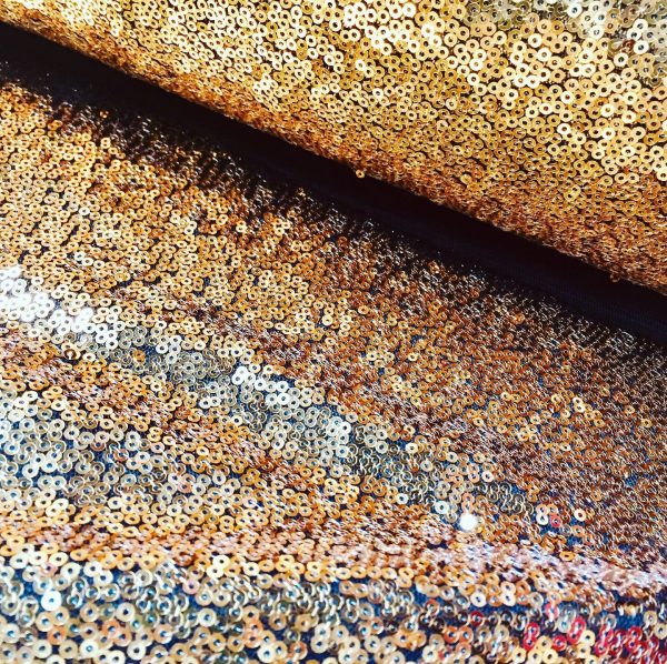 3mm Mini Sequins Fabric Material - 1 way stretch - 130cm or 51" wide - Sparkling Paillettes - Gold on Black - Image 2
