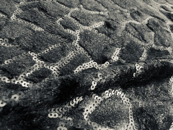 Animal Fur Spangles Sequin Fabric Soft 2 Way Stretch Material Giraffe Print Short Pile Faux  - 53"/135cm Wide BLACK & BLACK - Image 3
