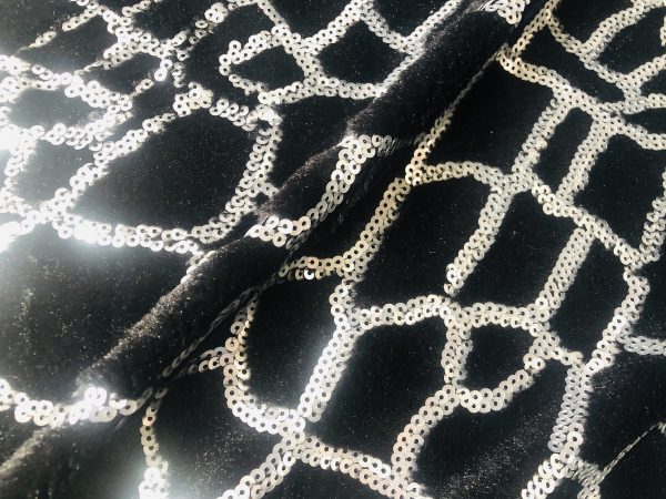 Animal Fur Spangles Sequin Fabric Soft 2 Way Stretch Material Giraffe Print Short Pile Faux  - 53"/135cm Wide - BLACK & SILVER