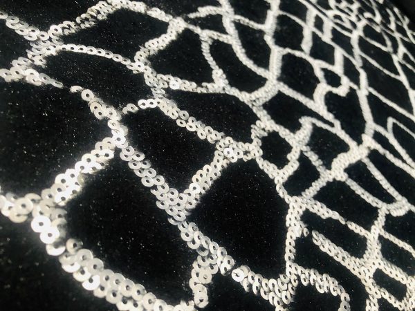 Animal Fur Spangles Sequin Fabric Soft 2 Way Stretch Material Giraffe Print Short Pile Faux  - 53"/135cm Wide - BLACK & SILVER - Image 2
