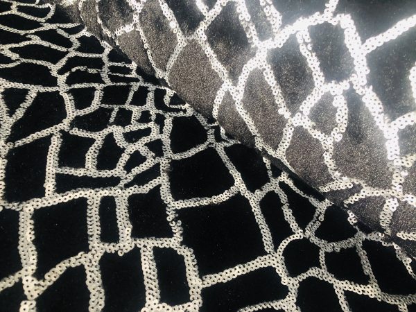 Animal Fur Spangles Sequin Fabric Soft 2 Way Stretch Material Giraffe Print Short Pile Faux  - 53"/135cm Wide - BLACK & SILVER - Image 4