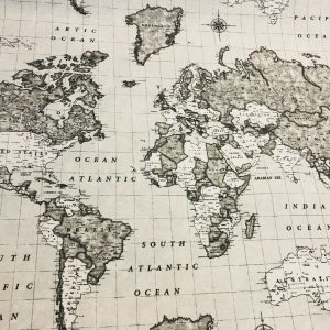 Grey World Map Designer Fabric Curtains Upholstery Dress Cotton Material - Globe Travel Print Canvas - 110"/280cm Wide