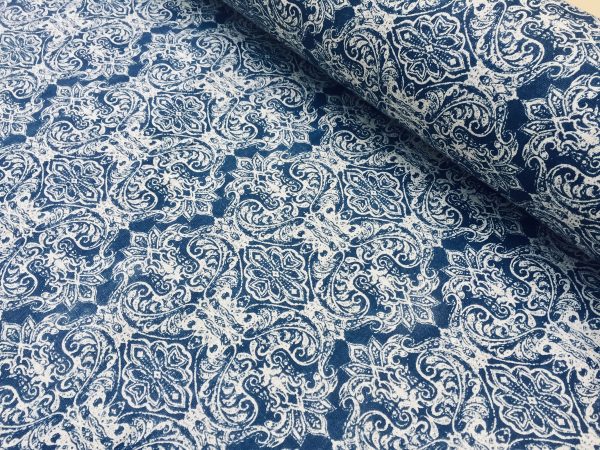 JACQUARD Baroque Floral Vintage Damask Print Fabric Material for Curtains Upholstery Dressmaking - 55''/140cm wide NAVY & CREAM Canvas - Image 2