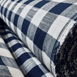 Navy Blue & White Gingham Linen Checked Linen Fabric Plaid Material Buffalo Check Cotton Yarn - Dressmaking Curtains - 140 cm Wide