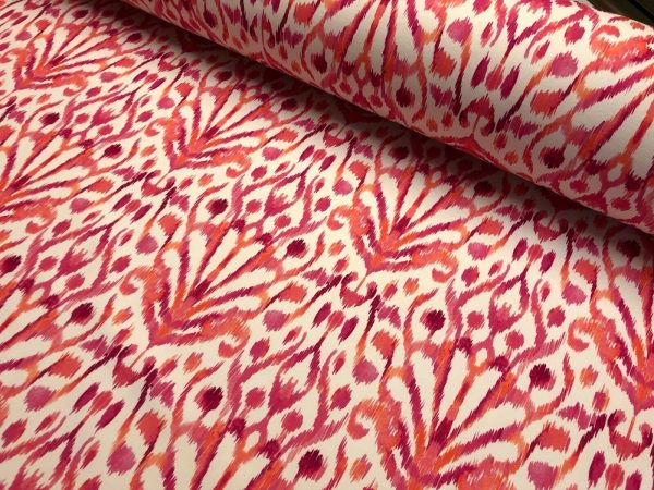Pink Floral Ikat Fan Damask Flower Fabric Geometric Paisley Cotton Material Curtain Upholstery Home Decor - 110"/280cm Wide