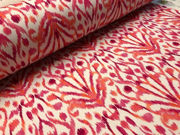Pink IKAT Floral Fan Damask Flower Fabric Geometric Paisley Cotton Material Curtain Upholstery Home Decor - 55"/140cm Wide
