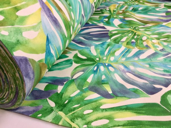 Tropical Palm Leaves Fabric Leaf Print Cotton Material Home Decor Curtains Upholstery - 140cm wide - Purple