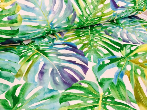 Tropical Palm Leaves Fabric Leaf Print Cotton Material Home Decor Curtains Upholstery - 140cm wide - Purple - Image 2