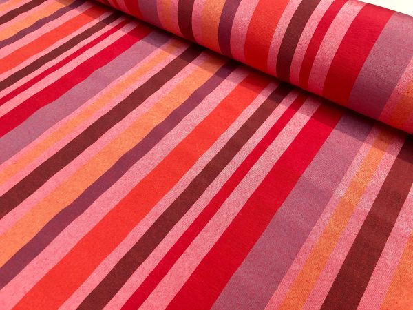 RASPBERRY RED BROWN Striped Dress Home Decor Light Upholstery Material Curtains Stripes Cotton Satin Feel Fabric - 110"/280cm Wide