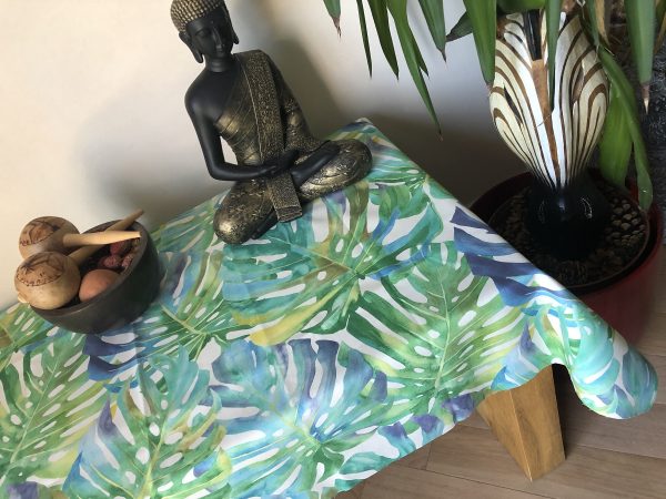 TEFLON Purple and Green Tropical Palm Leaves Botanical Leaf Garden Tablecloth PU Coated Outdoor Fabric For Cushion Gazebo - 55"/140cm Wide
