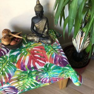 TEFLON Red and Green Tropical Palm Leaves Botanical Leaf Garden Tablecloth PU Coated Outdoor Fabric For Cushion Gazebo - 55"/140cm Wide