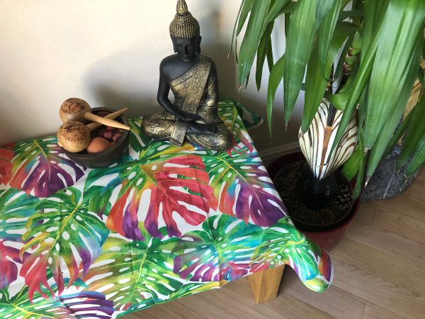 TEFLON Red and Green Tropical Palm Leaves Botanical Leaf Garden Tablecloth PU Coated Outdoor Fabric For Cushion Gazebo - 55"/140cm Wide