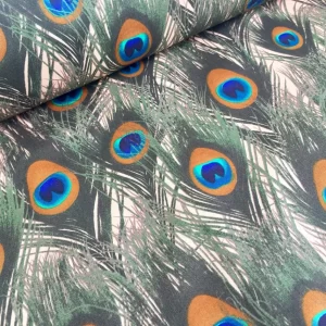 PEACOCK Fans Satin Fabric Material - Animal Print Fans Feathers Home Decor Bedding Dressmaking  - 59" or 150cm Wide - BEIGE