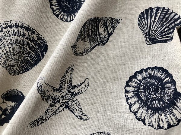 Ocean Beach Shell Star Cotton Linen Nautical Fabric Natural Dark Blue Marine Hessian Jute Sea Material Home Decor - 61"/155cm Wide Canvas