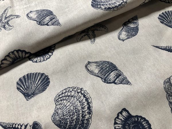 Ocean Beach Shell Star Cotton Linen Nautical Fabric Natural Dark Blue Marine Hessian Jute Sea Material Home Decor - 61"/155cm Wide Canvas - Image 2