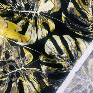 Black & Green Palm Banana Leaf Print Fabric Tropical Leaves Cotton Curtain Material Upholstery - 110"/280cm extra wide