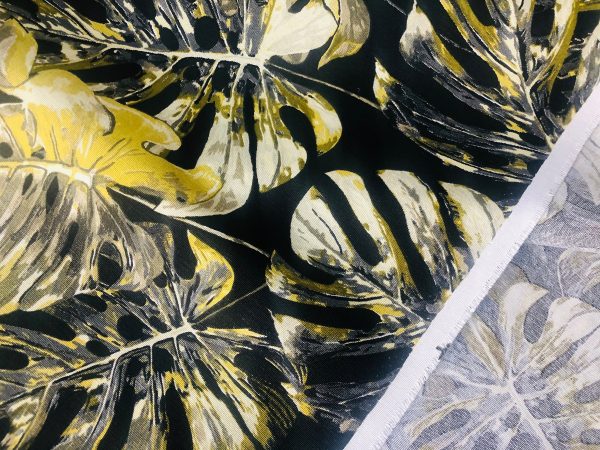 Black & Green Palm Banana Leaf Print Fabric Tropical Leaves Cotton Curtain Material Upholstery - 110"/280cm extra wide