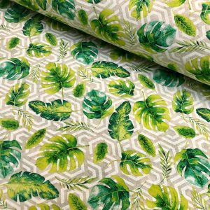 Geometric Palm Leaf Fabric Banana leaves Print Cotton Curtain Rhombus Upholstery Material Beige & Green - 55"/140cm wide Canvas