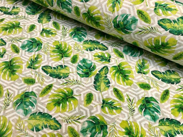 Geometric Palm Leaf Fabric Banana leaves Print Cotton Curtain Rhombus Upholstery Material Beige & Green - 55"/140cm wide Canvas