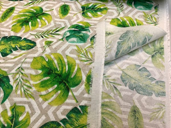 Geometric Palm Leaf Fabric Banana leaves Print Cotton Curtain Rhombus Upholstery Material Beige & Green - 55"/140cm wide Canvas - Image 4