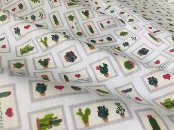 Mini Patch Pink Cactus Fabric Cacti Print Curtain Cotton Material Cute Stamps Thorns Heart Frame Jeans Light Upholstery - 55"/140cm wide