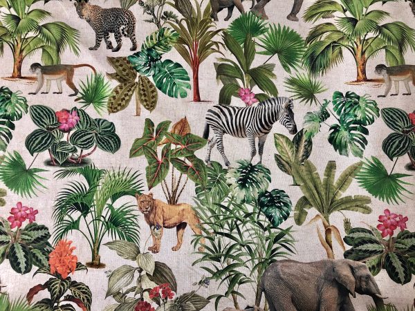 Safari Zoo African Animal Digital Print Fabric Tropical Jungle Palm Flower Leaf Material Linen Look  - 108"/275cm extra wide Canvas - Image 3