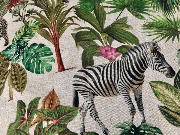 Safari Zoo African Animal Digital Print Fabric Tropical Jungle Palm Flower Leaf Material Linen Look  - 108"/275cm extra wide Canvas - Image 4