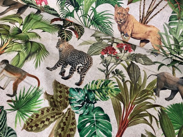 Safari Zoo African Animal Digital Print Fabric Tropical Jungle Palm Flower Leaf Material Linen Look  - 108"/275cm extra wide Canvas - Image 5