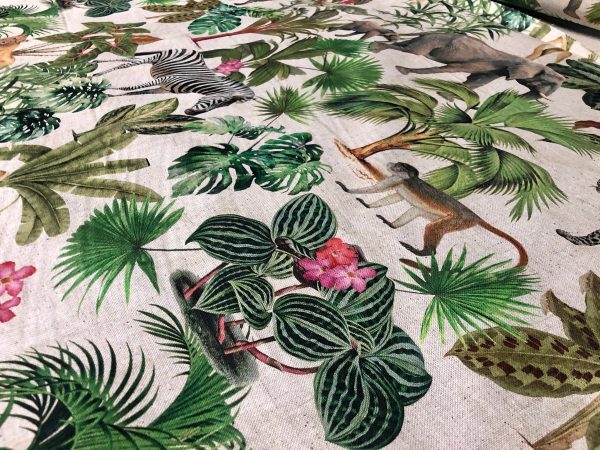 Safari Zoo African Animal Digital Print Fabric Tropical Jungle Palm Flower Leaf Material Linen Look  - 108"/275cm extra wide Canvas - Image 6