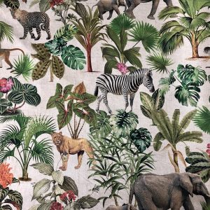 Safari Zoo African Animal Digital Print Fabric Tropical Jungle Palm Flower Leaf Material Linen Look  - 54"/138cm wide Canvas