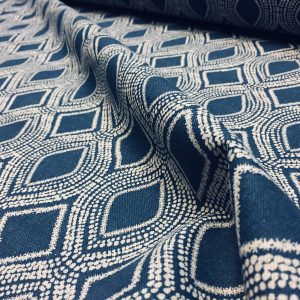 Art Deco Damask Rhombus Diamond Fabric Linen Look Material - Furnishing, Curtains, Upholstery - 280cm Wide - Navy Blue & Cream