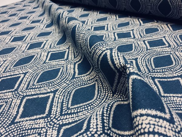 Art Deco Damask Rhombus Diamond Fabric Linen Look Material - Furnishing, Curtains, Upholstery - 280cm Wide - Navy Blue & Cream