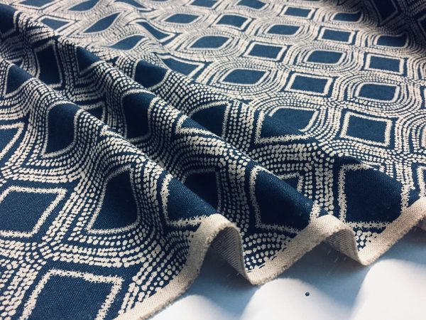 Art Deco Damask Rhombus Diamond Fabric Linen Look Material - Furnishing, Curtains, Upholstery - 280cm Wide - Navy Blue & Cream - Image 2