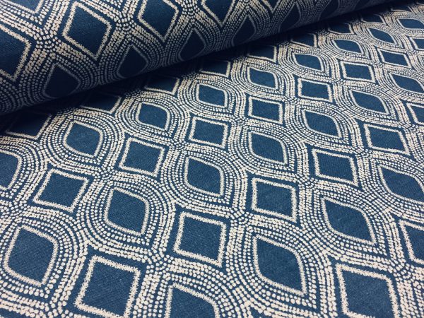 Art Deco Damask Rhombus Diamond Fabric Linen Look Material - Furnishing, Curtains, Upholstery - 280cm Wide - Navy Blue & Cream - Image 3
