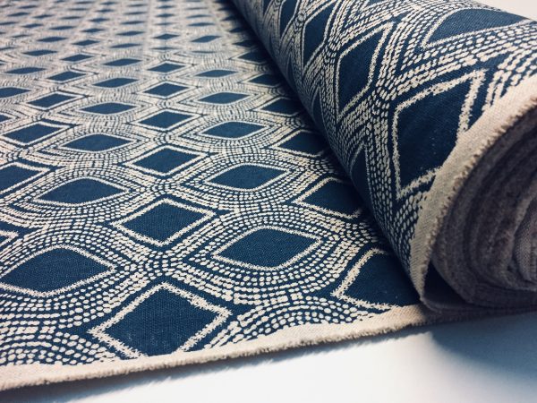 Art Deco Damask Rhombus Diamond Fabric Linen Look Material - Furnishing, Curtains, Upholstery - 280cm Wide - Navy Blue & Cream - Image 4
