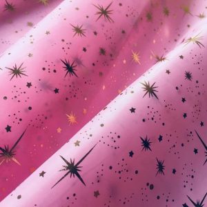 ICE STAR Silk Taffeta fabric nylon material Taffeta Foil Gold Stars - 55"/ 140cm wide - Baby PINK