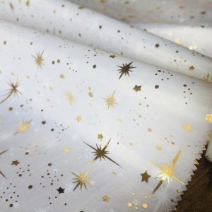 ICE STAR Silk Taffeta fabric nylon material Taffeta Foil Gold Stars - 55"/ 140cm wide - WHITE